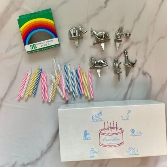 American Vintage Other - Vintage Empire Silver Circus-Themed Birthday Candle Holders Set (Box & Candles)